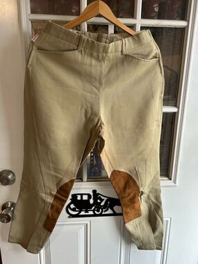 Beige Riding Breeches with Brown Knee Patches made by tailored sportsman, 32R